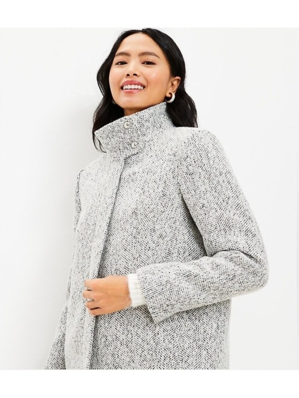 LOFT Wool Blend White Grey Zip-Up Mid Length Zipper Coat Size XXL